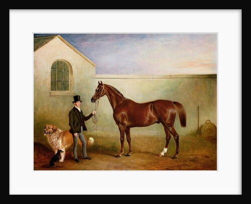Mr Meakin holding Sir Robert Peel's Chestnut Hunter with his dogs 'Hector' and 'Jem', 1853 by John E. Ferneley