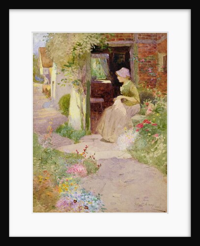 A Girl Sewing at the Door of a Cottage, 1906 by Thomas Mackay