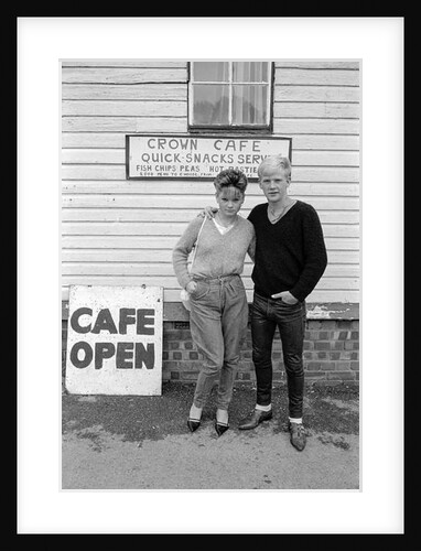 Kids day trip to Butlin's Holiday Camp, Skegness. Young couple pose outside the Crown Cafe. 17.08.83 by Bill Stephenson