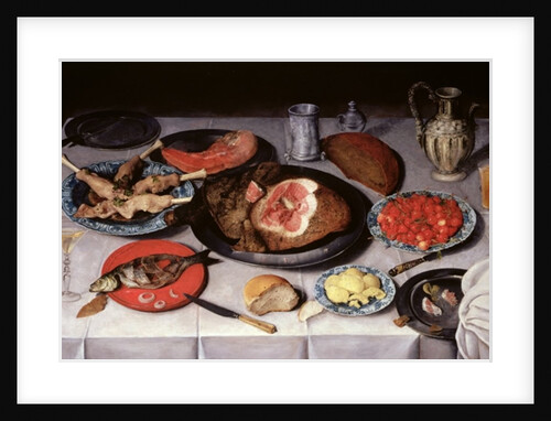 Breakfast piece with a fish, ham and cherries, 1614 by Jacob van Hulsdonck