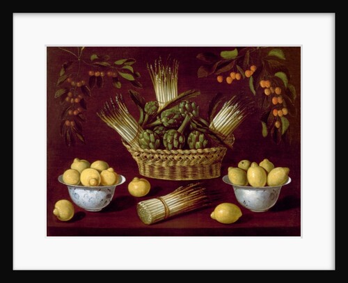 Still life with Asparagus, Artichokes, Lemons and Cherries by Blas de Ledesma