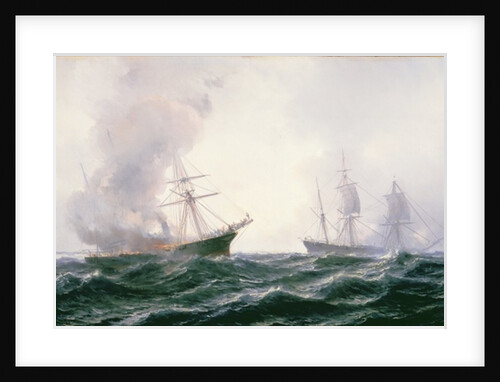 A ship on fire at sea, with another standing by by Jean Baptiste Henri Durand-Brager