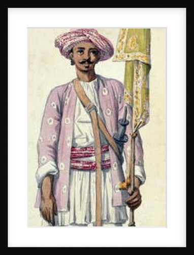 Indian soldier of Tipu Sultan's army, using his rocket as a flagstaff, Madras, 1793-94 by Robert Home