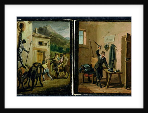 Don Quixote hanging from the window and preparing his armour, two scenes from the novel by Cervantes by Zacarias Gonzalez Velazquez