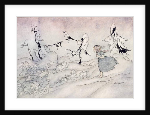 Gerda is terrified by the Snow Queen's advance guard, but she said 'Our Father' and is rescued by little bright angels by Arthur Rackham