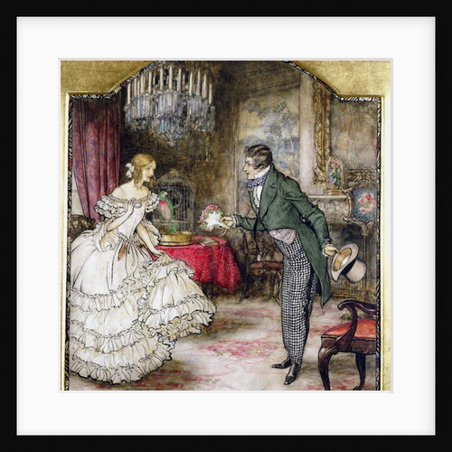 A young man presenting a bouquet to a girl standing in a drawing room by Arthur Rackham