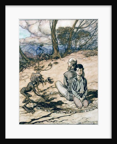 The son made a circle, and his father and he took places within it, and the little black mannikin appeared by Arthur Rackham