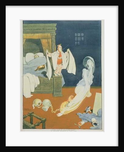 Clever ruse of Christmas guest in haunted bedroom to scare away the family ghost by William Heath Robinson