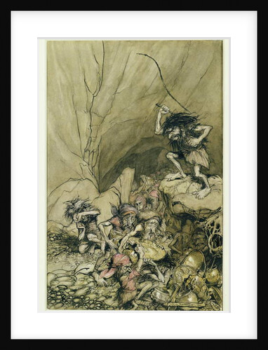 Alberich drives in a band of Nibelungs laden with gold and silver treasure by Arthur Rackham