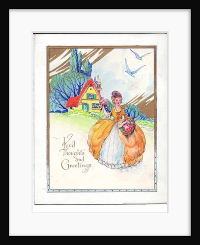 Original artwork for a greeting card of a lady in a crinoline dress, a cottage and two bluebirds, circa 1950 by English School