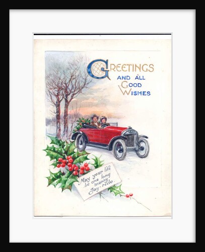 Original artwork for a Christmas card of a red car and holly, circa 1951 by (after) English School