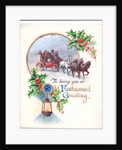 Original artwork for a Christmas card of a stagecoach, lantern and holly, circa 1952 by (after) English School