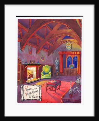 Original artwork for a Christmas card of a roaring fire in a baronial hall, circa 1953 by English School