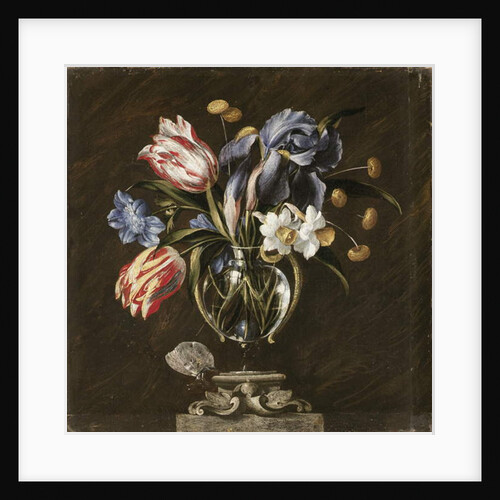 Tulips, daffodils, irises and other flowers in a glass vase on a sculpted stand, with a butterfly by Juan de Arellano