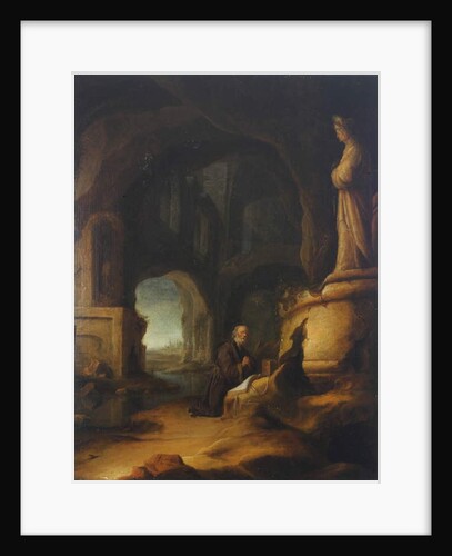 A hermit at prayer in a grotto with classical ruins by Jan Adriansz van Staveren