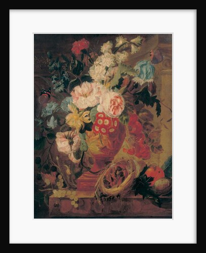 Flowers in a terracotta vase decorated with putti, with fruits, butterflies, a bluebottle, a snail, a spider and four chicks in a nest on a ledge by Jan Frans (circle of) Eliaerts