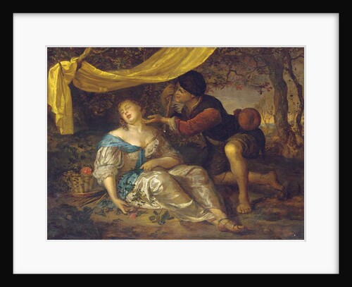 A shepherd kneeling over a lady sleeping under a canopy in a wooded landscape by Karel de Moor