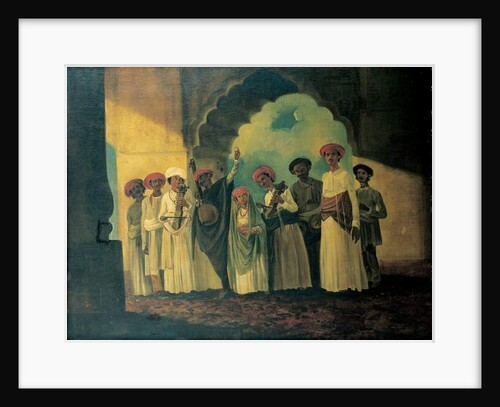 Group of Indian musicians playing a sarangi, a tambura and tablas, with a girl dancing on a terrace by William Hodges