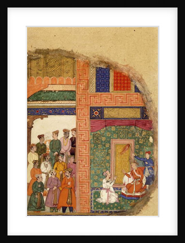 King Dasaratha Conversing with the Family Priest about Rama's Regency Inside the Palace, Whilst Courtiers and Ministers Await in the Courtyard, c.1595 by Mughal School