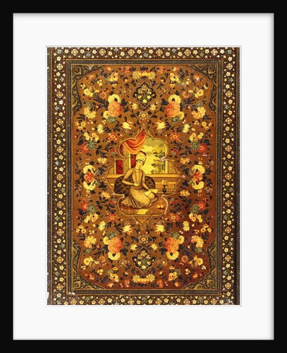 A Zand book cover painted with a central seated figure within an interior, surrounded by floral sprays by Persian School