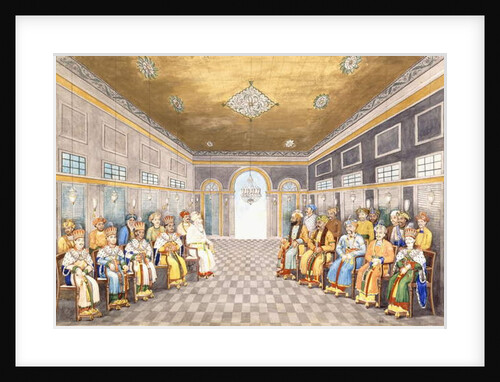The Nawabs and Kings of Oudh in a palace interior with their servants in attendance, c.1800 by Indian School