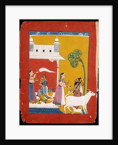 Rukmini offering water to the sage Narada while her consort Krishna sits in her house, c.1725-1730 by Indian School