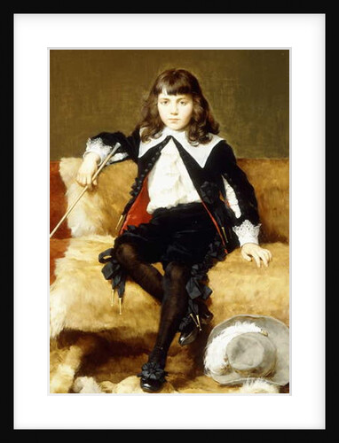 Portrait of a Boy, seated full length, on a Sofa Draped with a Lion Skin by Geza Vastagh