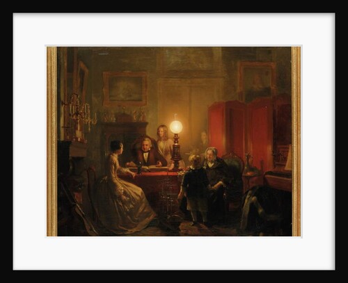 A family gathered around a lamplit table, 1854 by Petrus Kiers