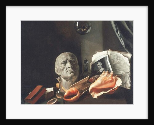 Vanitas still life with a bust, seashells, books and glass flasks by Dutch School