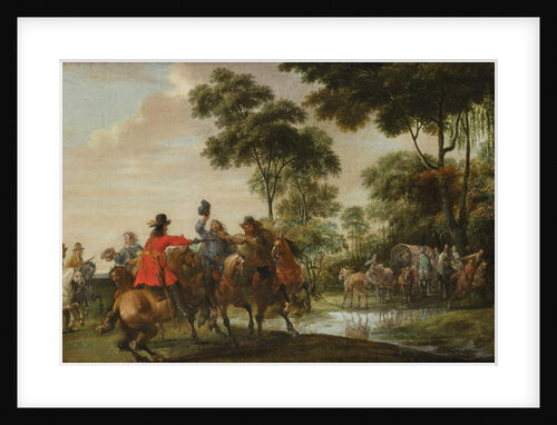 Highwaymen raiding a tilt car by a forest stream by Peeter (attr. to) Snayers