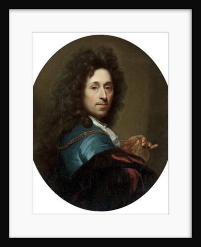 Portrait of the artist in a blue coat and brown velvet cape, with a medallion of the Elector Palatine, Johann Wilhelm by Godfried Schalken or Schalcken