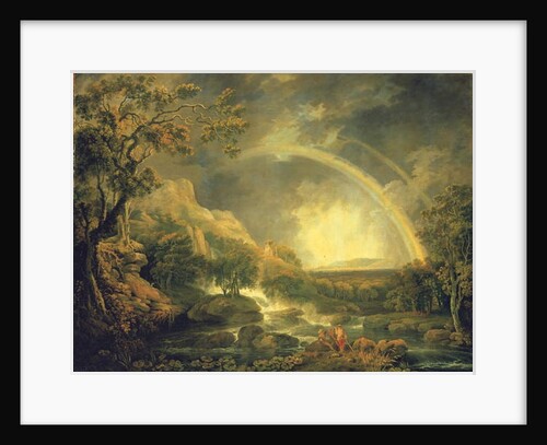 Extensive wooded river landscape, with anglers beside a pool below a waterfall, and a rainbow by George the Elder Barret