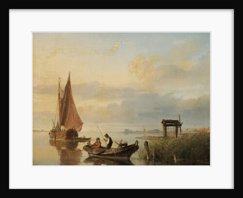 Fishing vessels at sunset by Cornelius Springer