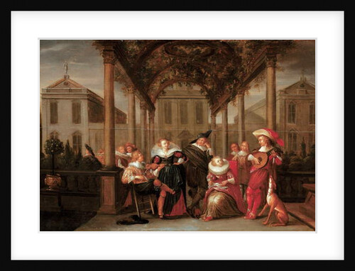 A merry company playing music under a flowered porch in a garden by Dirck Hals