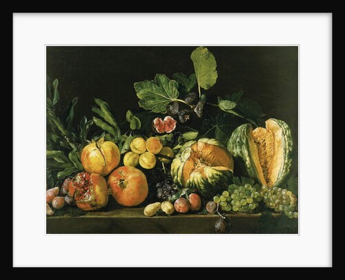 Pomegranates, melons, grapes, peaches, figs and other fruits on a stone ledge by Master of the Acquavella Still Life