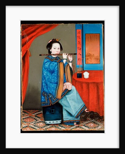 Portrait of a Court Lady Seated, in a Blue Robe, Playing the Flute, with a Pipe and Tea Cup on a Table by her Side, late 19th century by School Chinese