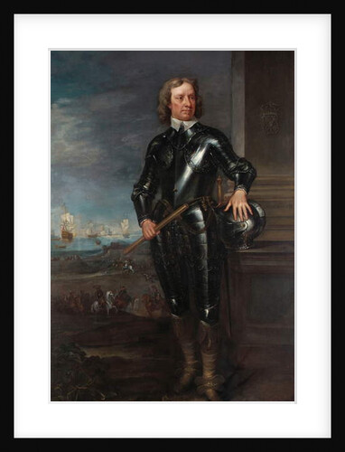 Portrait of Oliver Cromwell in Armour, a Seascape and Battle Beyond, late 1650s by English School