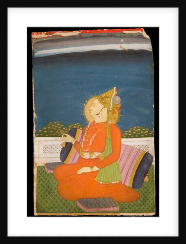 A Bejeweled Dignitary, Wearing a Plumed Turban, Holding a Lotus Bud, Sitting on a Terrace by Indian School