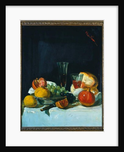 Grapes, Lemons and Pomegranates with White Wine Glasses and Loaf of Bread by George Leslie Hunter