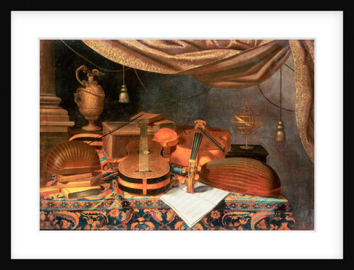 A Guitar, a Cello, Lutes, a Musical Score and other Books, a Gilt Ewer and an Armillary Sphere on a Draped Table, a Column Beyond and a Curtain Above by Evaristo Baschenis