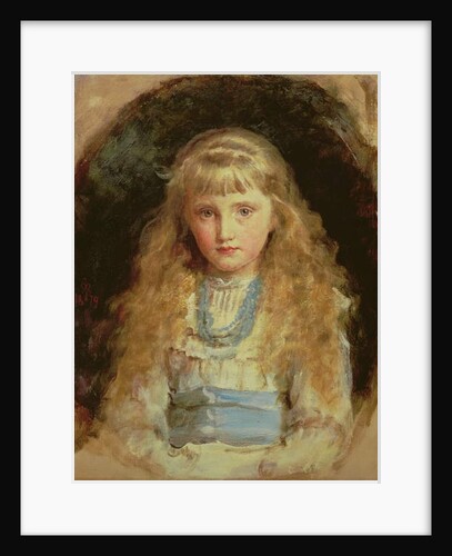 Portrait of Beatrice Caird wearing a white dress with a blue sash by John Everett Millais
