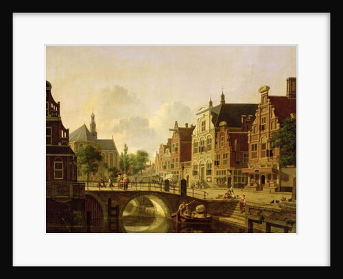Dutch town scene with canal, figures and a church by Jan Hendrik Verheyen
