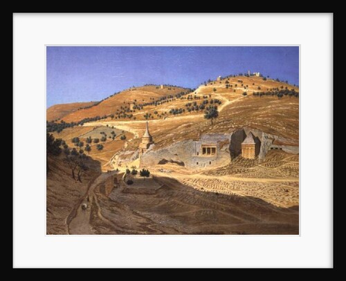 A hilly landscape with Arabs and a ruined temple by Hubert Sattler