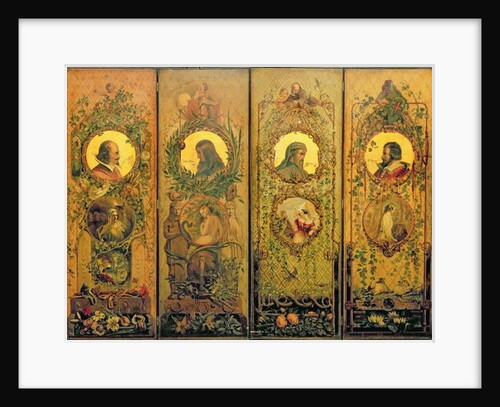 A four leaf screen with portraits of Shakespeare, Milton, Chaucer and Spenser by William Bell Scott