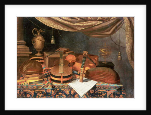 A guitar, a cello, lutes, a musical score and other books and an armillary globe on a draped table by Evaristo Baschenis