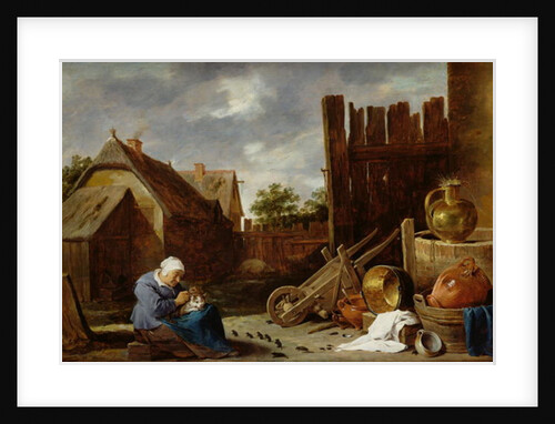 A cat tended by an old woman by David the Younger Teniers