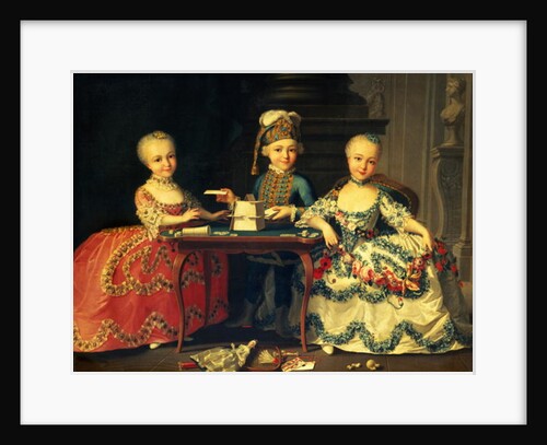 Group portrait of a boy and two girls building a house of cards with other games by the table by Francois-Hubert Drouais