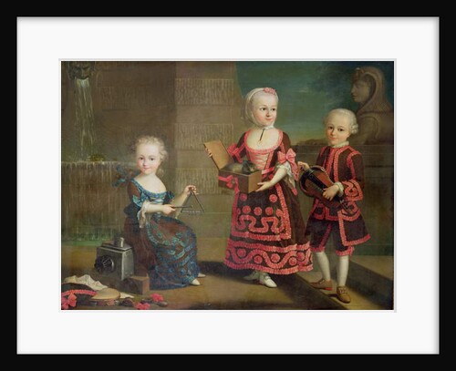 A group portrait of a girl with a marmoset in a Box, a girl with a triangle sitting on a magic lantern and a boy with a hurdy-gurdy by Francois-Hubert Drouais