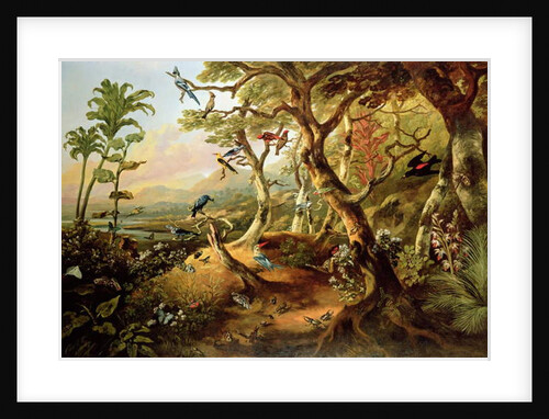 Exotic Birds and Insects Among Trees and Foliage in a Mountainous River Landscape by Philip Reinagle