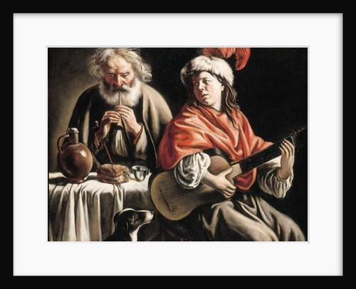 A young man playing a guitar and an old man playing a pipe in an interior by Mathieu Le Nain